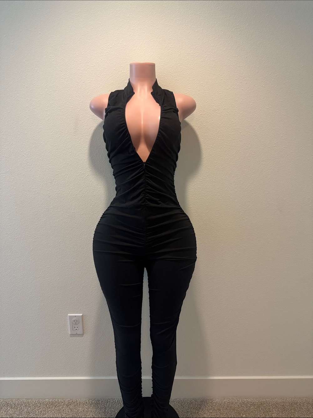 Black Plunge Halter Ruched Jumpsuit